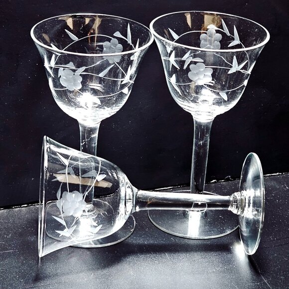 3 Vintage Floral Cocktail Glasses 5" etched Crystal coupe nostalgia Nick Nora - Picture 3 of 8